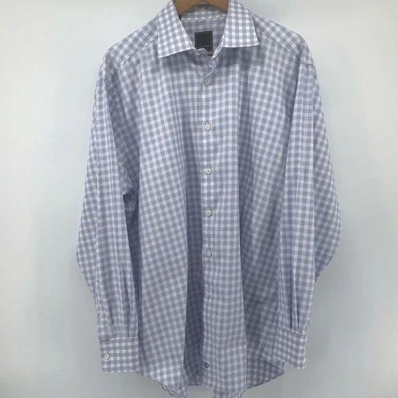 David Donahue Mens 17.5 34/35 Blue White Gingham Cotton Dress Shirt Plaid L/S - Picture 2 of 8
